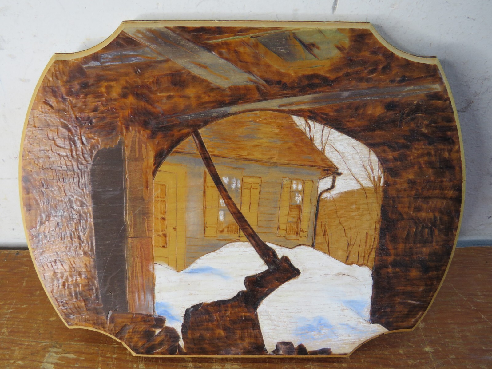 Vintage Woodcutting Winter Wood Carving/Burning/Painting 12inx9in L. Rollins