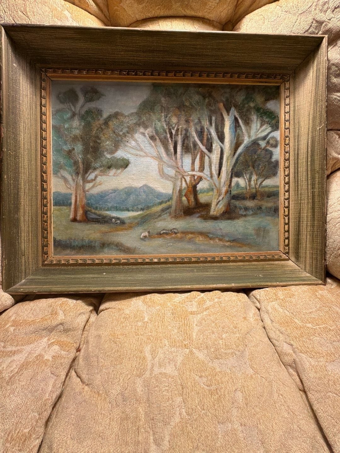 Vintage Australian Landscape Oil Painting with Gum Trees and Mountain View