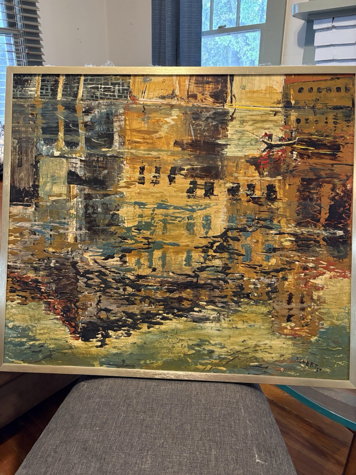 Albert Signed Modern Cityscape Oil Painting on Canvas, Framed, Original, 1959