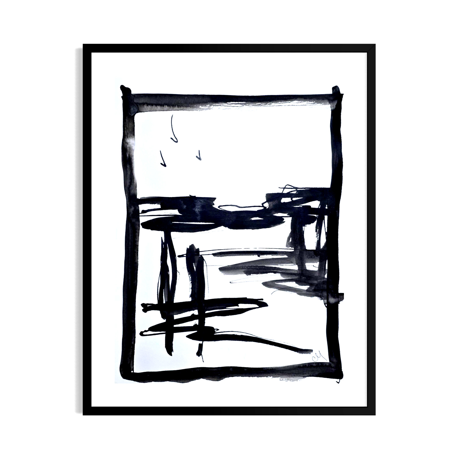 Original Minimalist 9×12 Acrylic Landscape Painting Black White Paper Signed Art