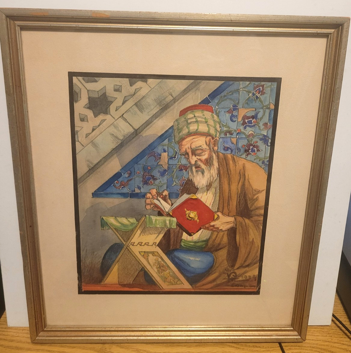 C.1924 WATERCOLOR PAINTING…IRAN PERSIAN SCHOLAR READING THE QURAN SIGNED