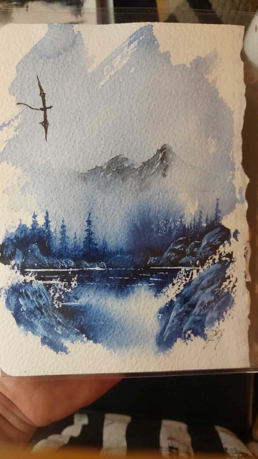 Original Watercolor Landscape 5×7 – Mountain Lake / Dragon – OOAK Painting