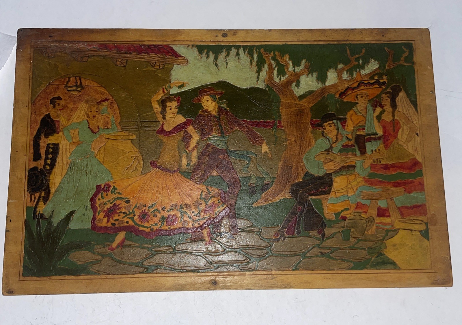 Antique Wood Carved Hand Painted Scene Depicting Spanish Dancers Dancing