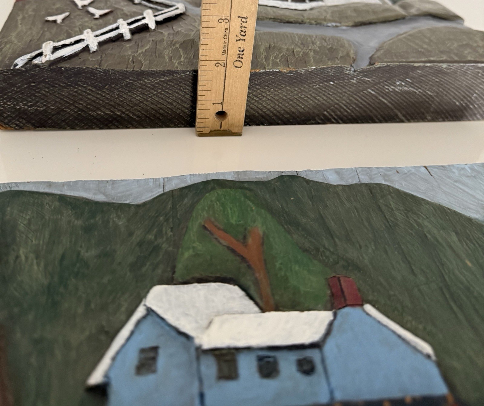 2 VTG 3D Folk Art Hand Carved Wood Plaque Painted Barn Farm Covered Bridge