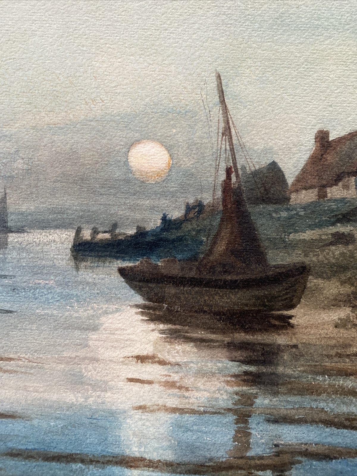 Handsome circa 1880 signed Dutch Moonscape Watercolor painting, Luminist Canal