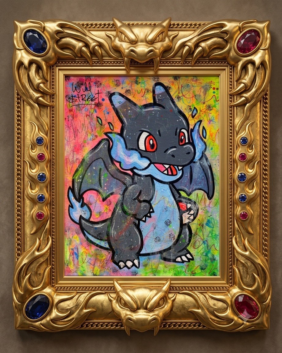 WILL STREET original 10×8 canvas painting/ Pokémon art mega charizard x banksy
