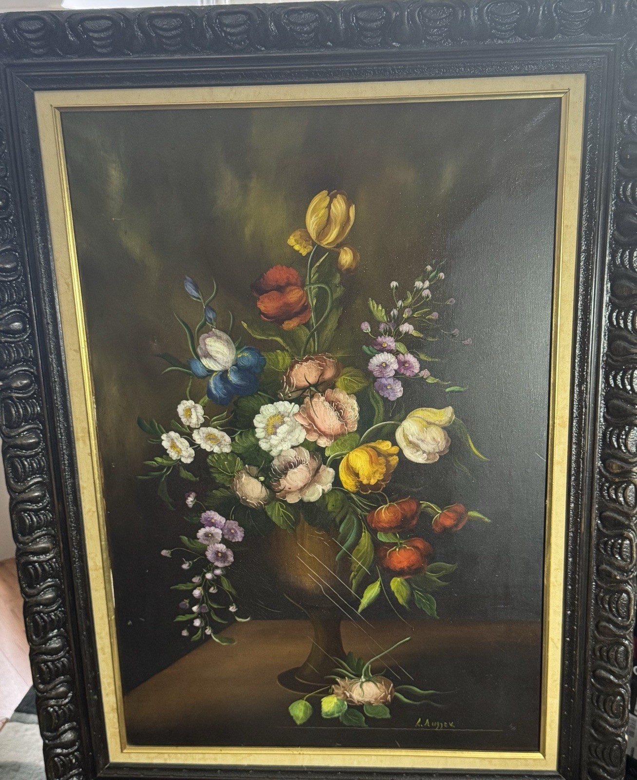 Vintage L. Ruggeri Oil On Canvas Painting Still Life Floral Framed 32”x45”x3”