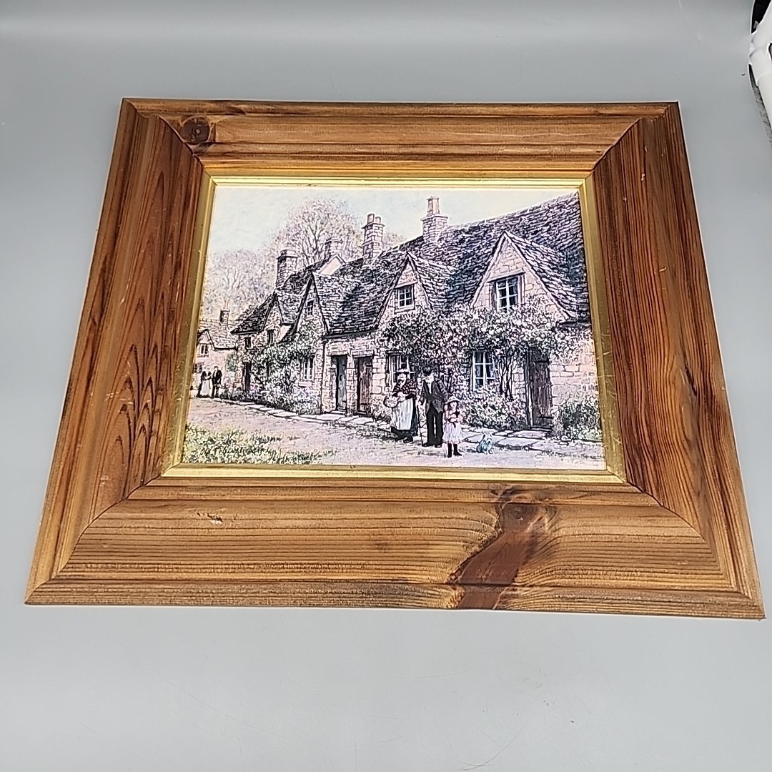 Vntg Wood Frame Painting Art Old Cotswold Cottages Oil Painting Signed England