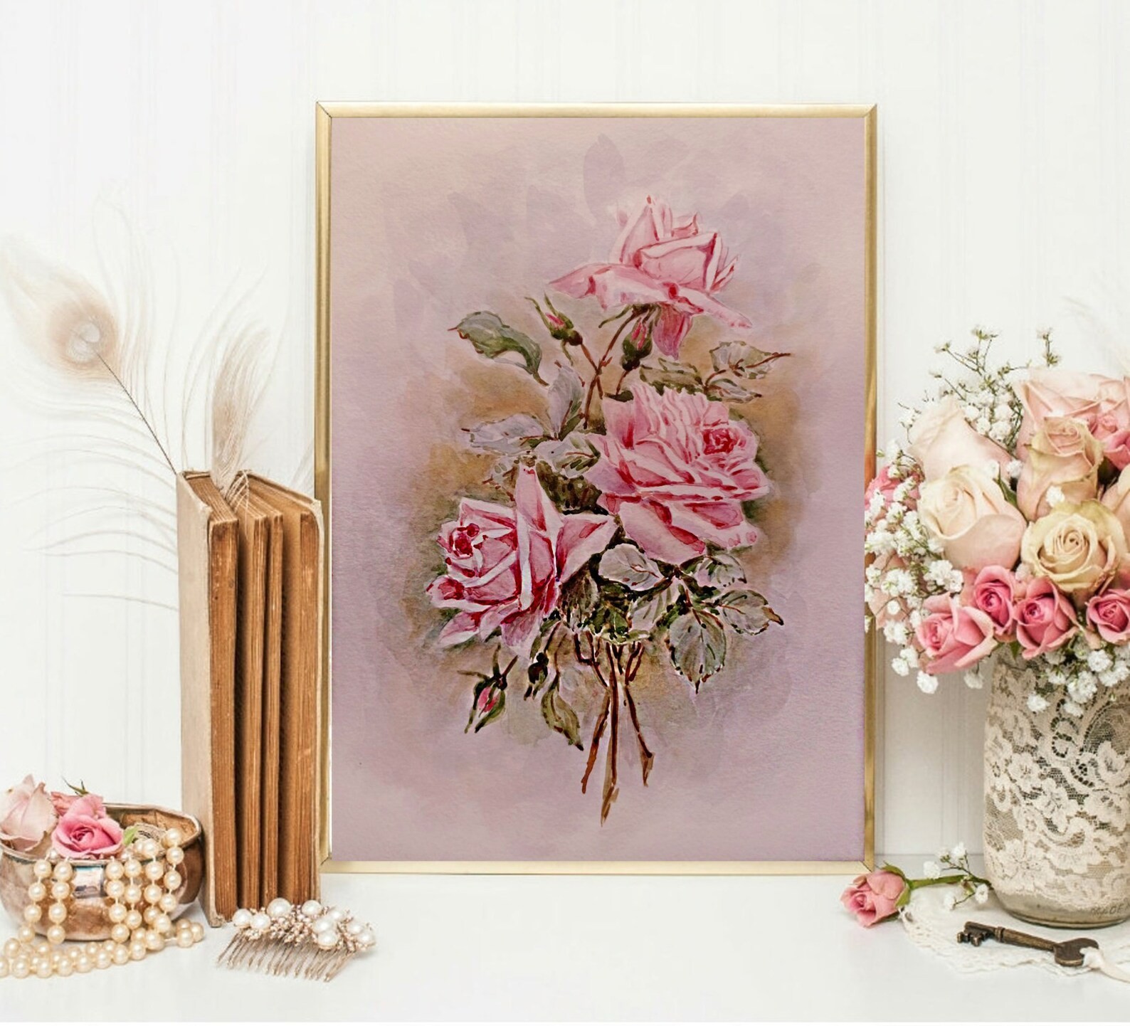 Christie Repasy Style Flowers PINK VINTAGE ROSES Original Art Painting Floral A4