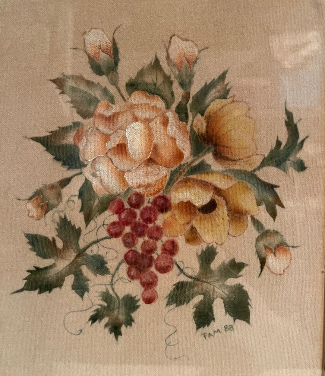 VTG 11×14″ Theorem Painting on Velvet Signed FAM Framed 1988 Flowers Grapes