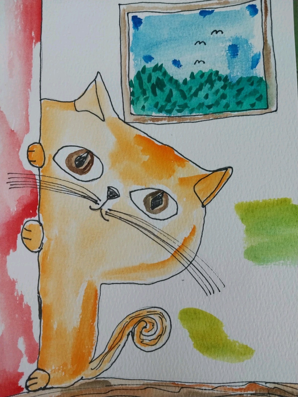 GAT Original Watercolor Painting 6X9 Tabby Orange Cat Artwork Home Decor