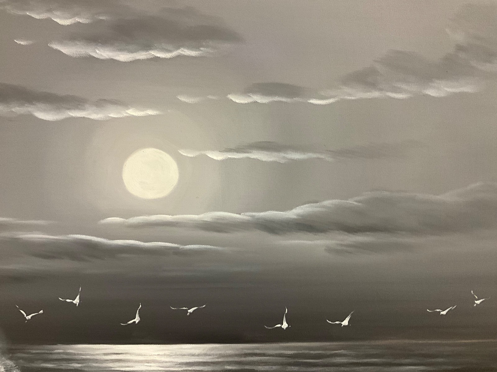 Original Oil Painting calming black and white seascape, bright white moon 24×36