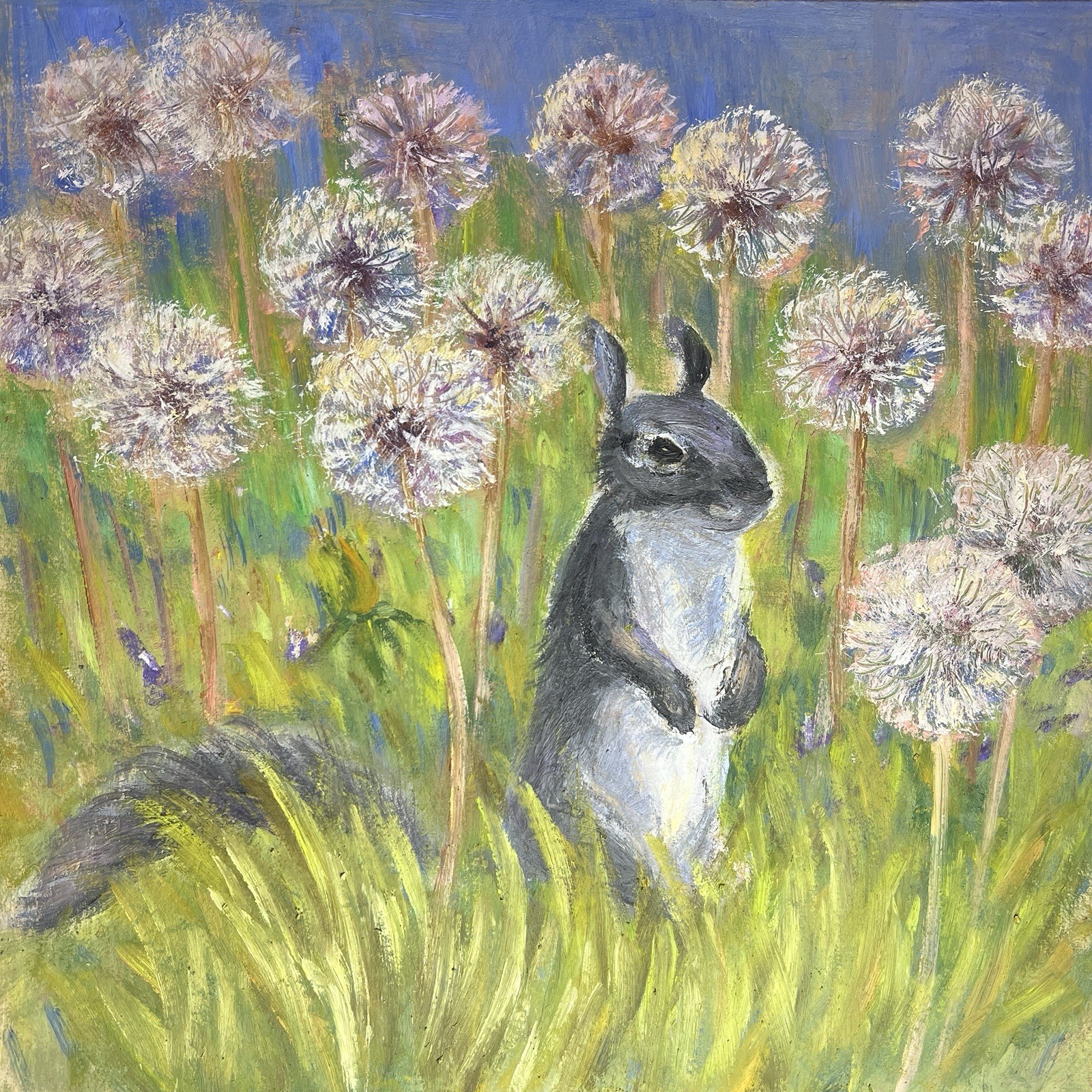 Hand Painted Squirrel Dandelions Wall Art 12×12 Animal Oil Painting On Cardboard