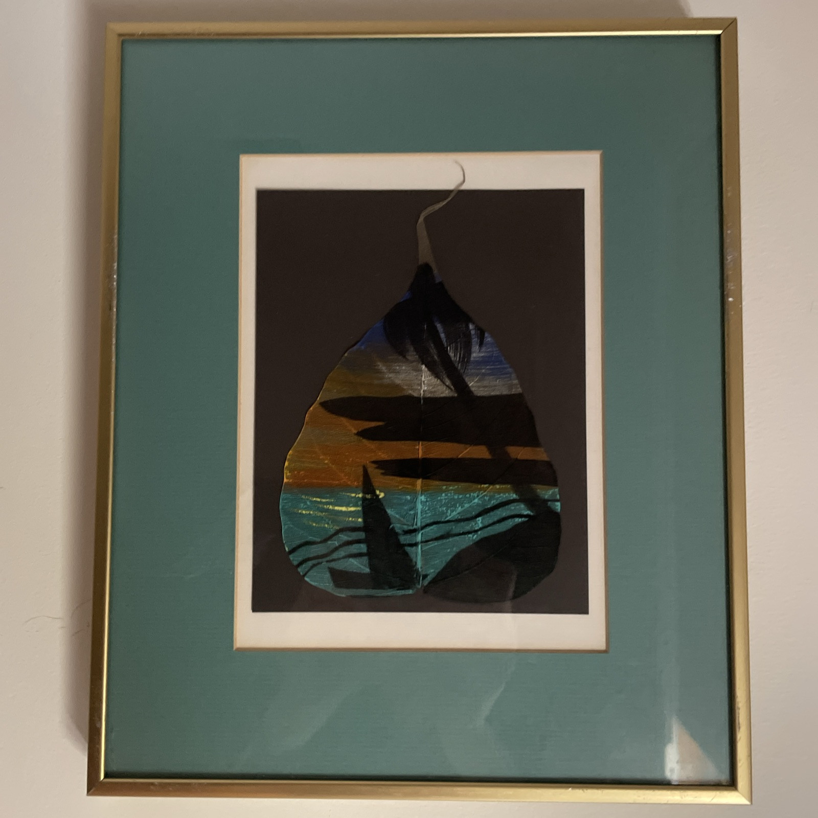 Pipal Leaf Tree Painting Framed and Matted Green 11.5″ x 9.5” Wall Art