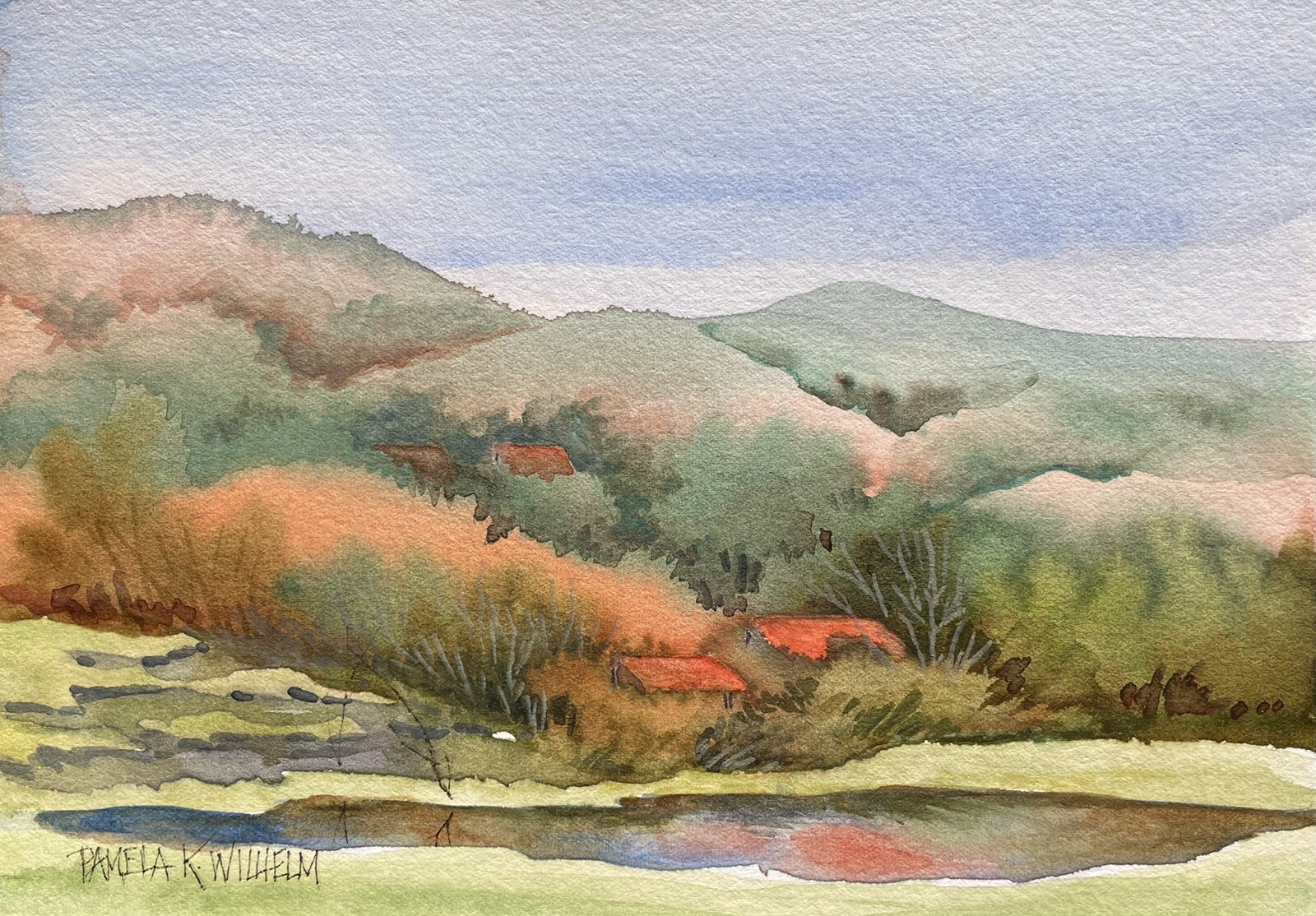 Pamela Wilhelm original Watercolor 5”x7” First Snow Morning Light Village Pond