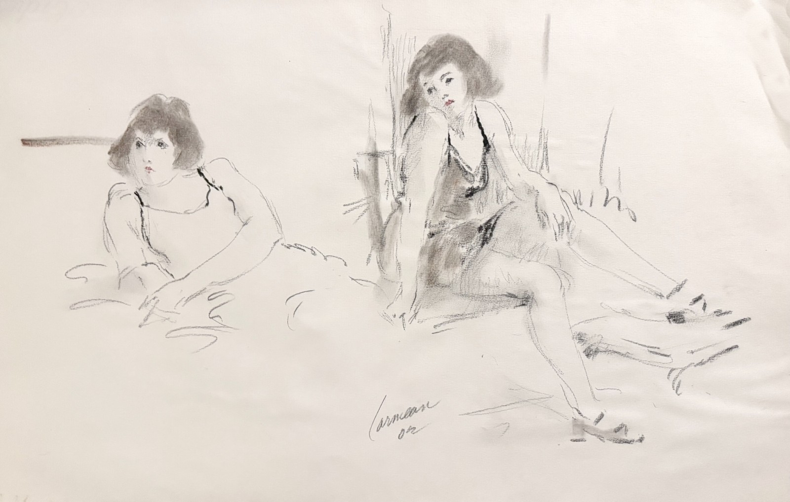 Harry Carmean impressionism drawing of seated woman has flaws