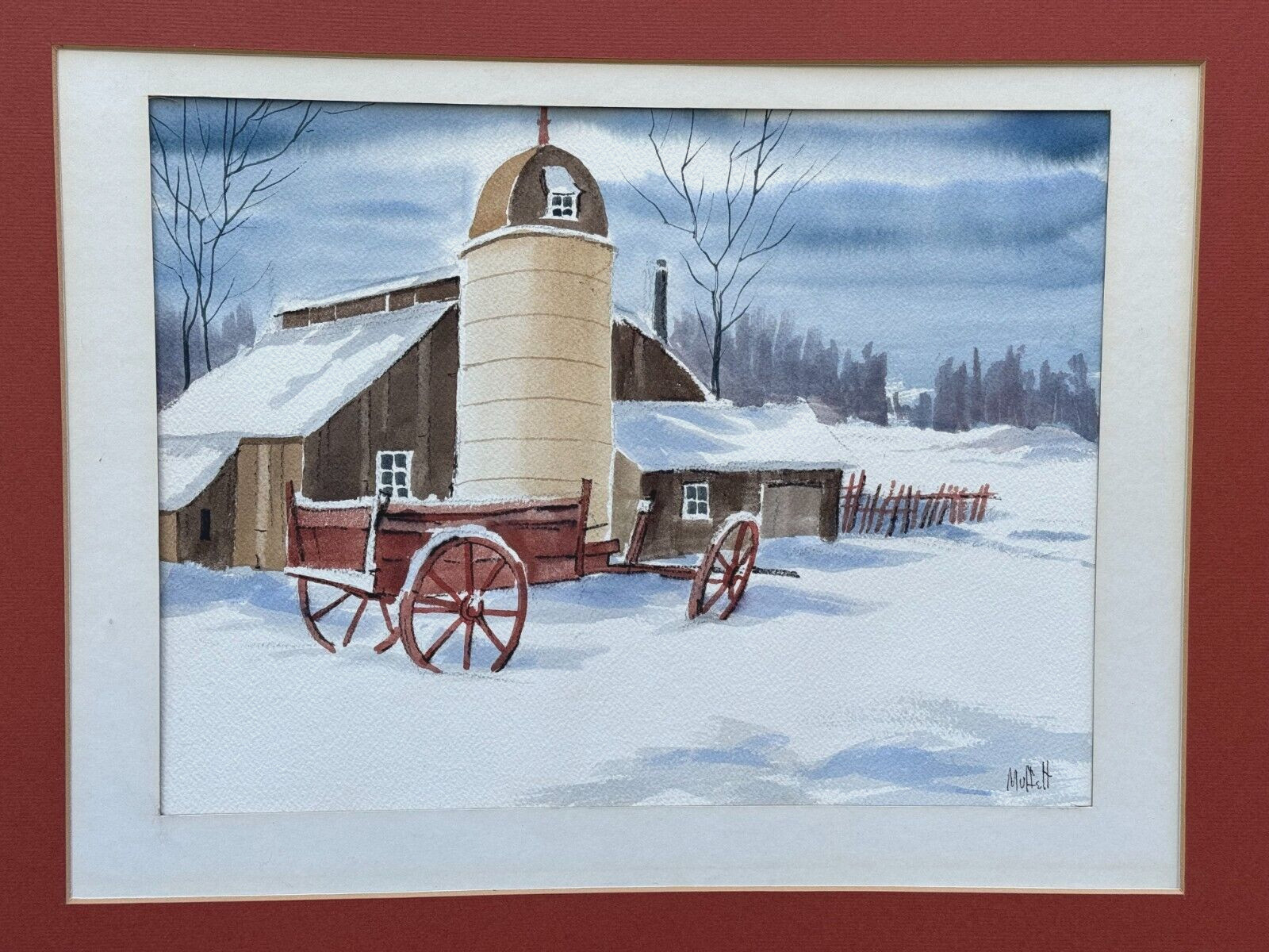 Ross Moffett Signed Original Watercolor Painting American Winter Barn Landscape