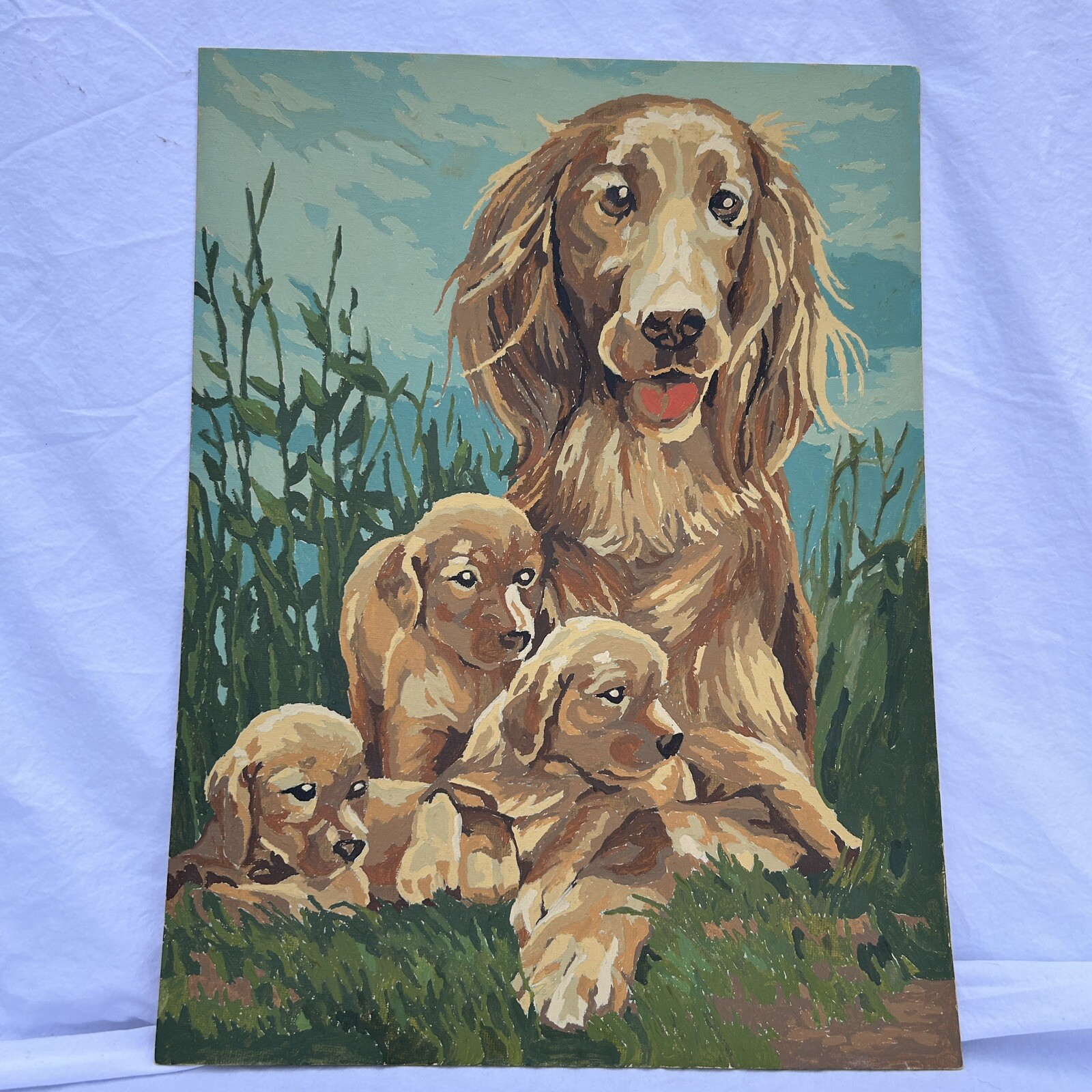 Vtg 70s Paint By Number Craft House Family Affair GOlden Dog Puppies 12×16