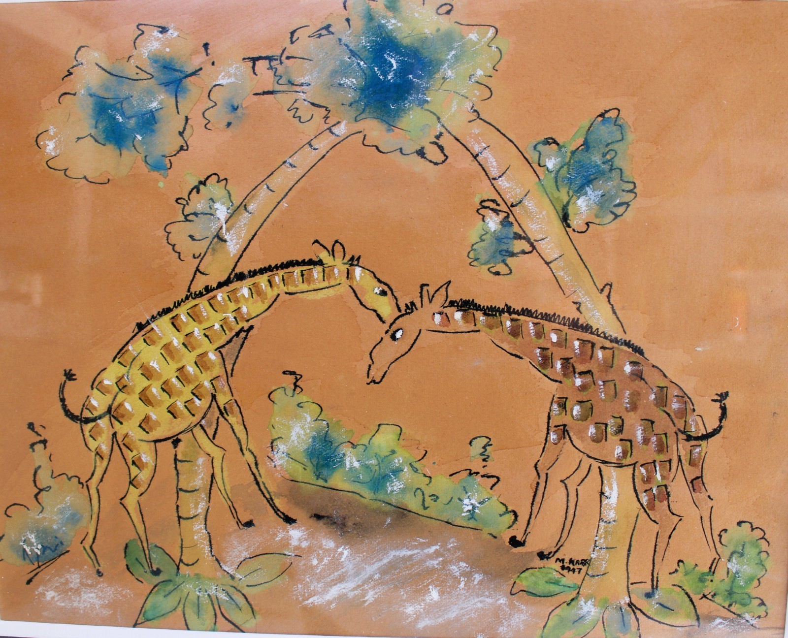 ANTIQUE WATERCOLOR INK ON PAPER DATED 1947 SIGNED M KARR GIRAFFES