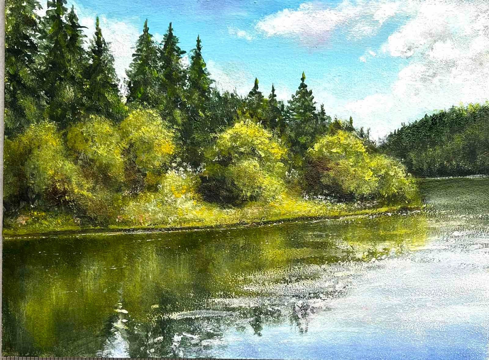 Original Oil Painting Summer Landscape Forest and River Small Wall Art 6 x 8 in