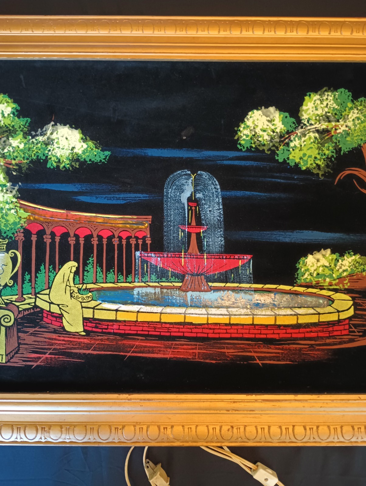 MCM Ashbrook Studios Roman Garden LIGHTED Velvet Oil Painting 23 X 45 Framed VTG