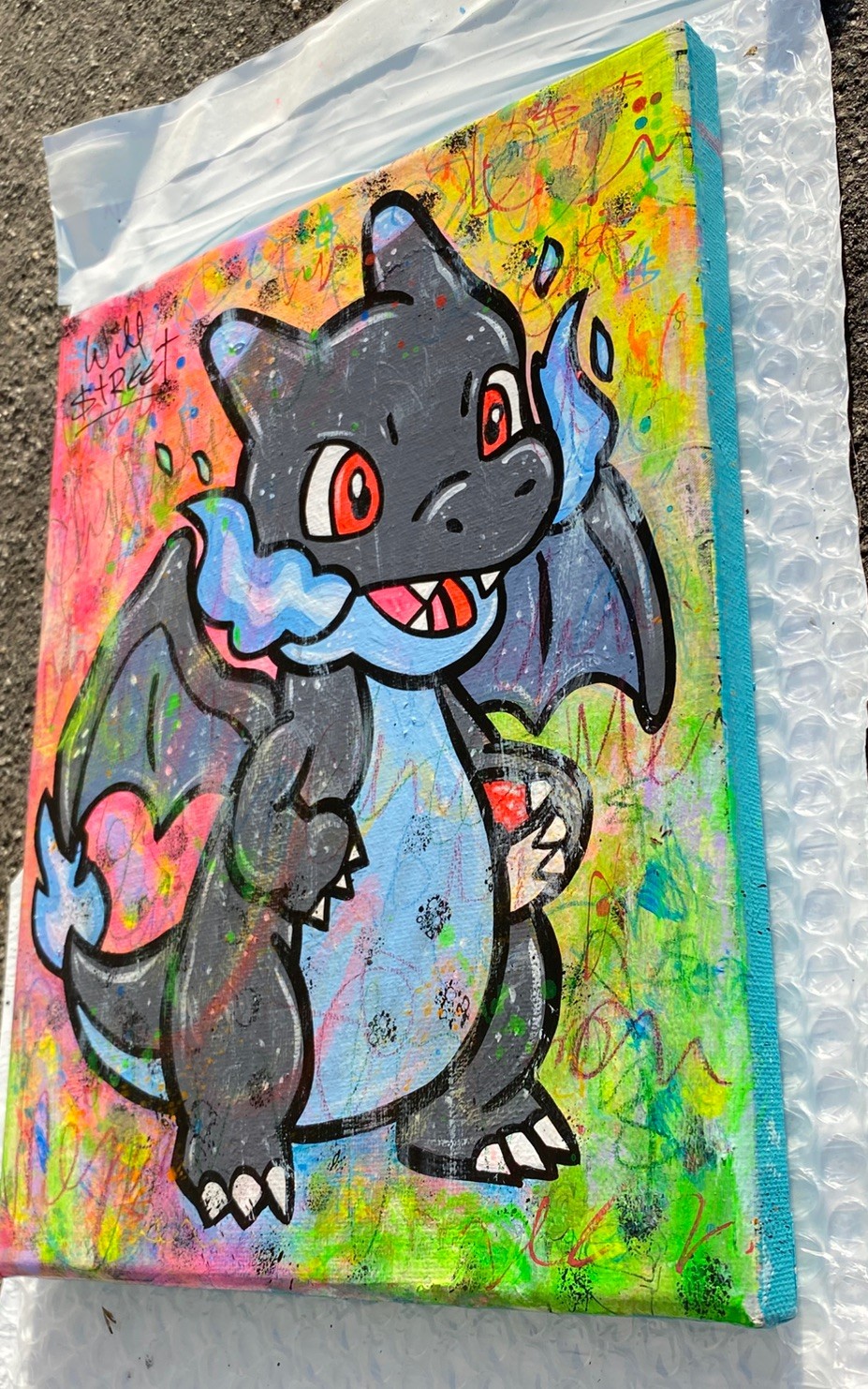 WILL STREET original 10×8 canvas painting/ Pokémon art mega charizard x banksy