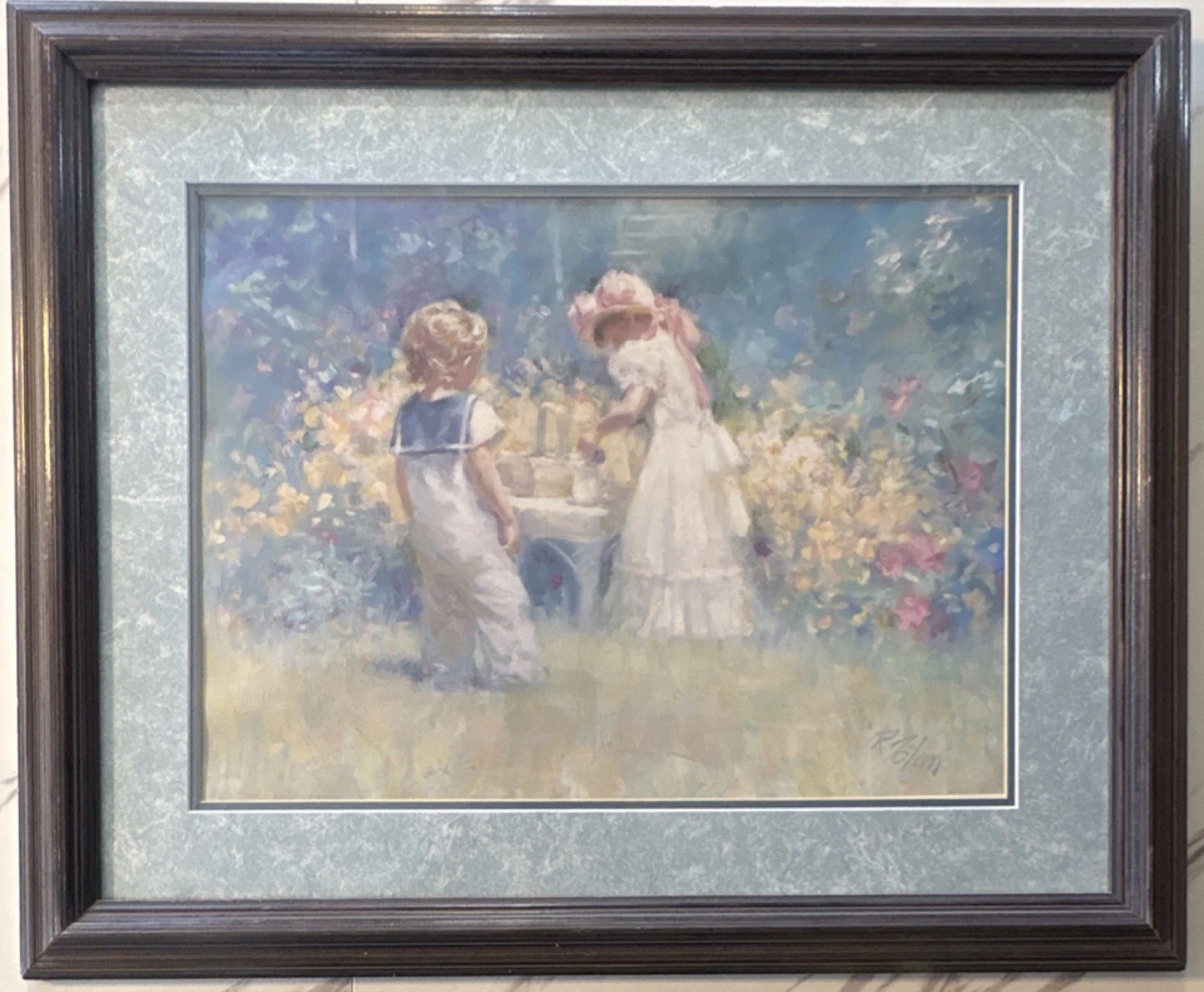 Richard Tolan Original Signed Watercolor Painting Children in Garden Framed 22″