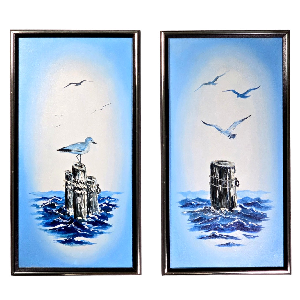 Diptych Set of 2 Oil Paintings on Canvas, Sea Gulls, Ocean, Beach, Blue VTG 1970