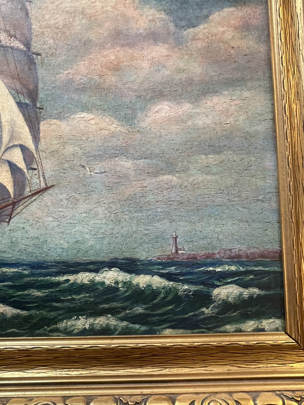 Antique Nautical Painting Seascape American Lighthouse Landscape Coastal Ship