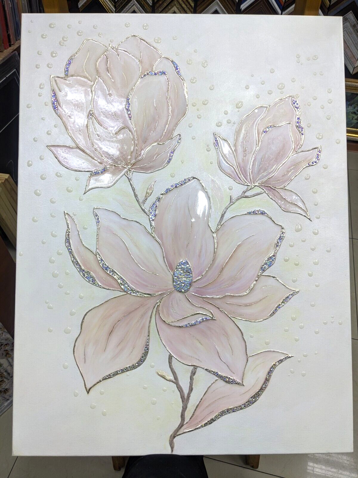Large 3D texture magnolia painting, Pink floral wall art, Rhinestone Resin Art
