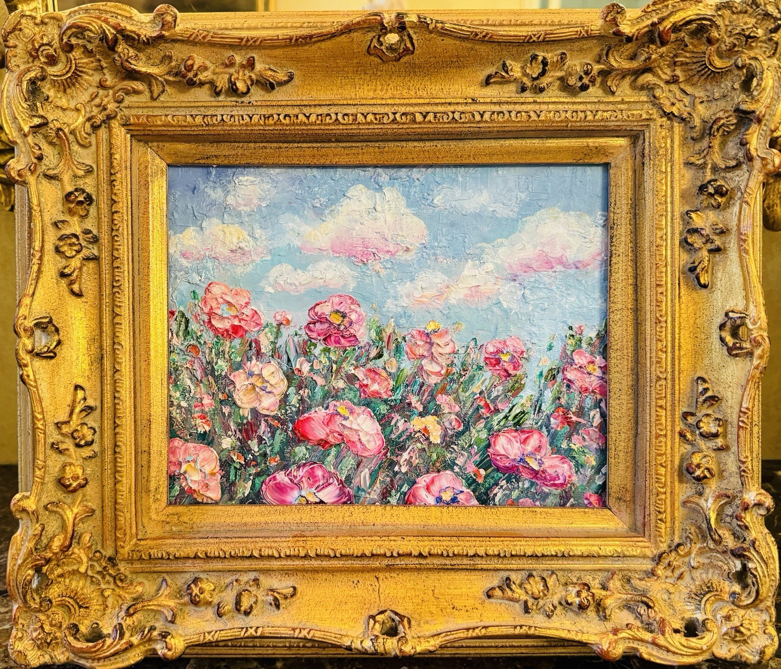 KADLIC Original Oil Painting Wildflowers Impasto Gold Gilt 15″ Frame