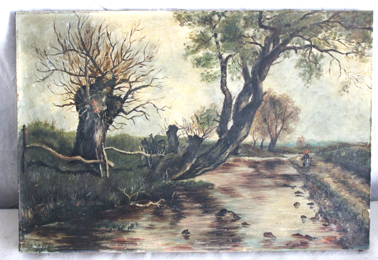 ANTIQUE VICTORIAN OIL PAINTING RIVER LANDSCAPE COUNTRY PRIMITIVE CANVAS PEOPLE