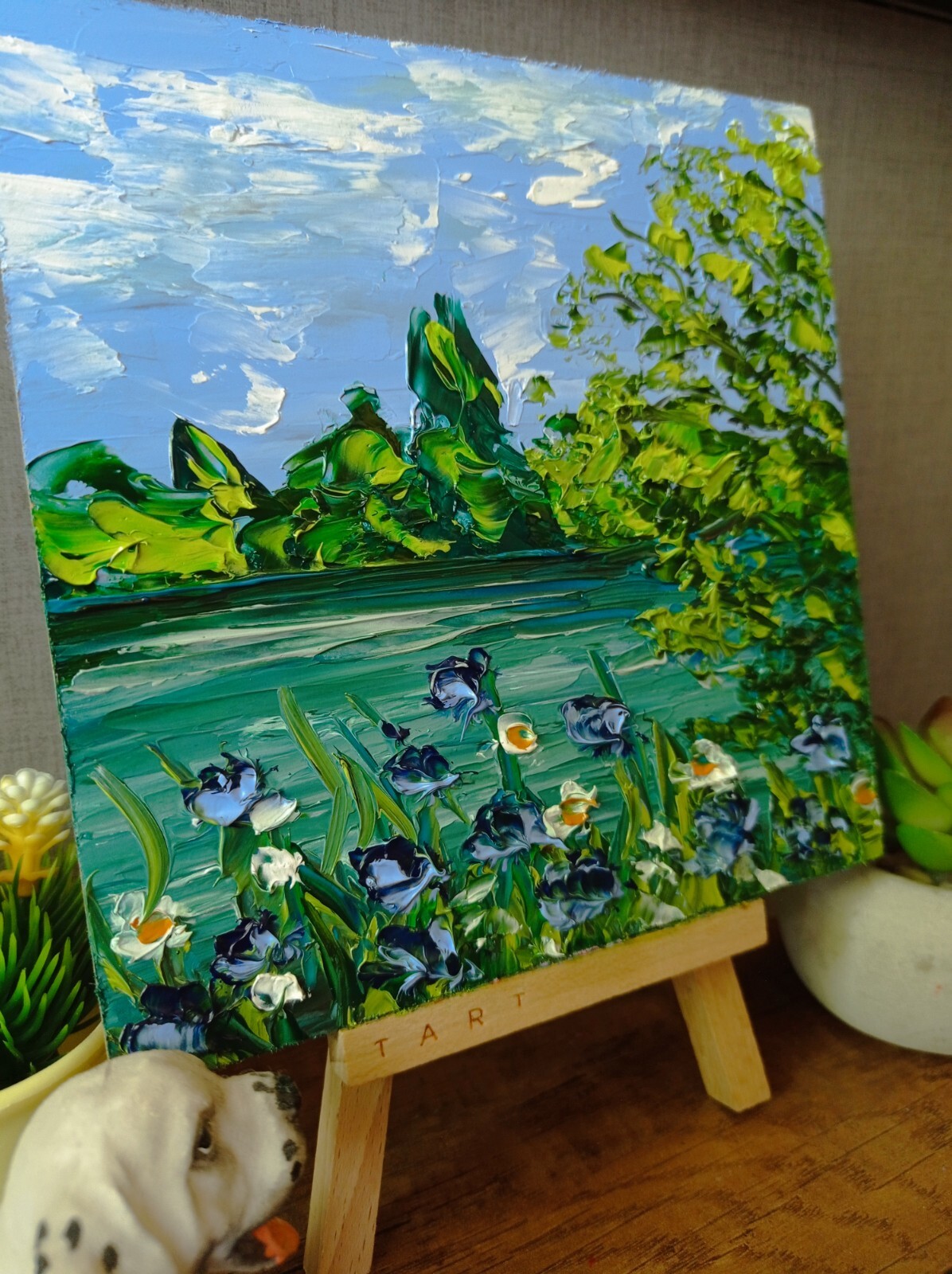 Cornflowers Sunset River Original Oil Painting Flowers Landscape Art size 6 x 6″