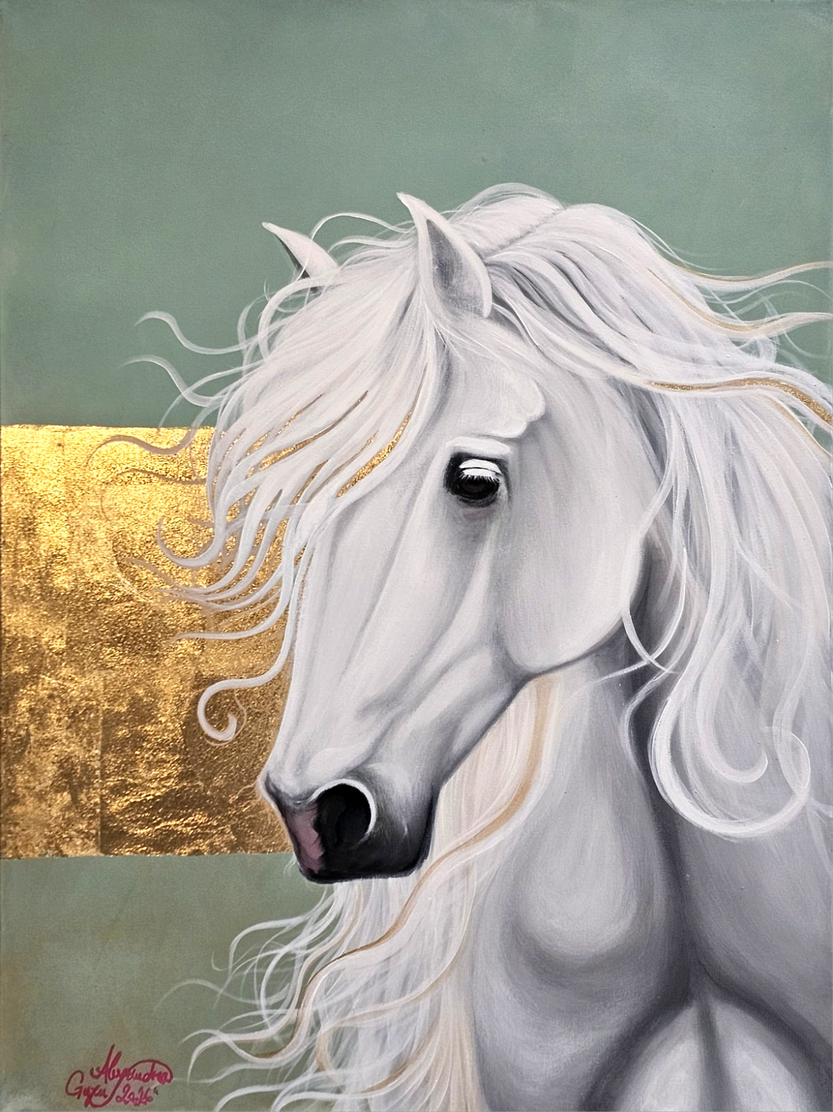 ORIGINAL HORSE PAINTING ON CANVAS 80 X 60 Cm – The Quiet Sovereign – GOLD LEAF
