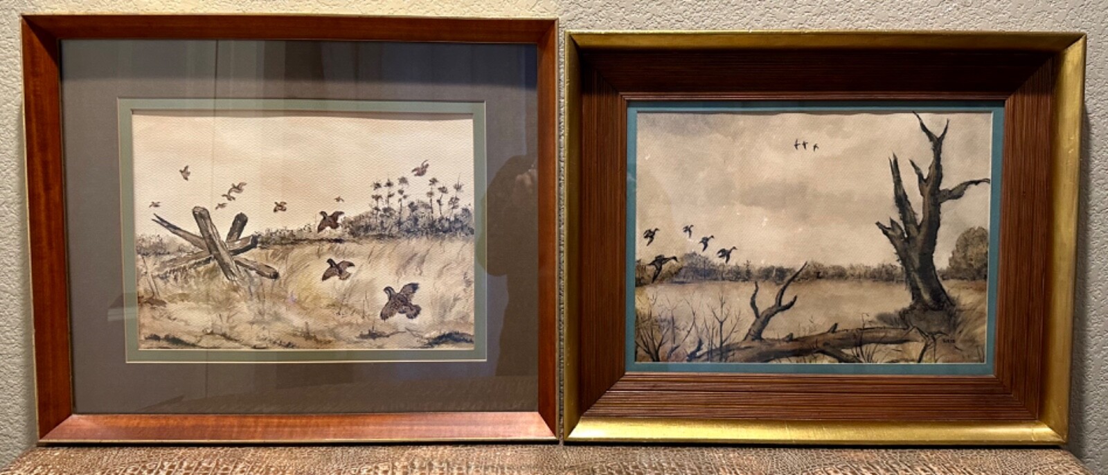 Pair of George Reis Signed Original Framed Watercolor Birds & Ducks Paintings