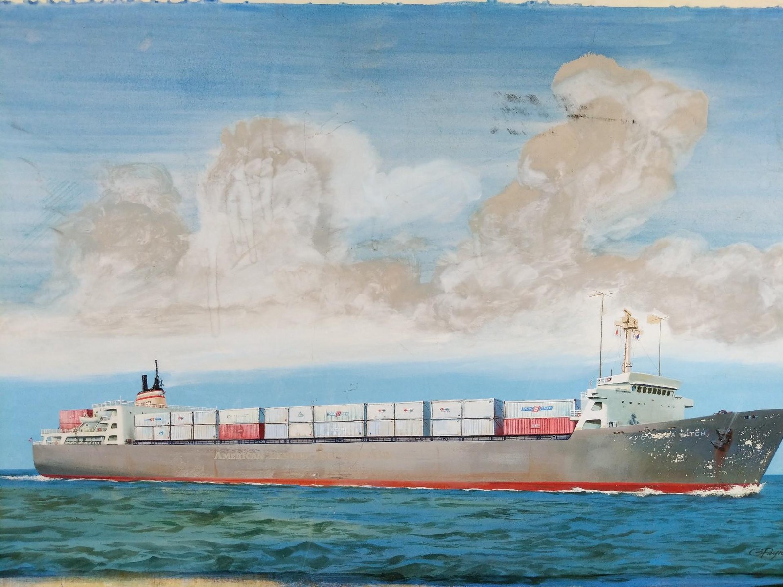 Vintage Artist Painting C/V SEA WITCH Container Ship 1968 Bath Iron Works