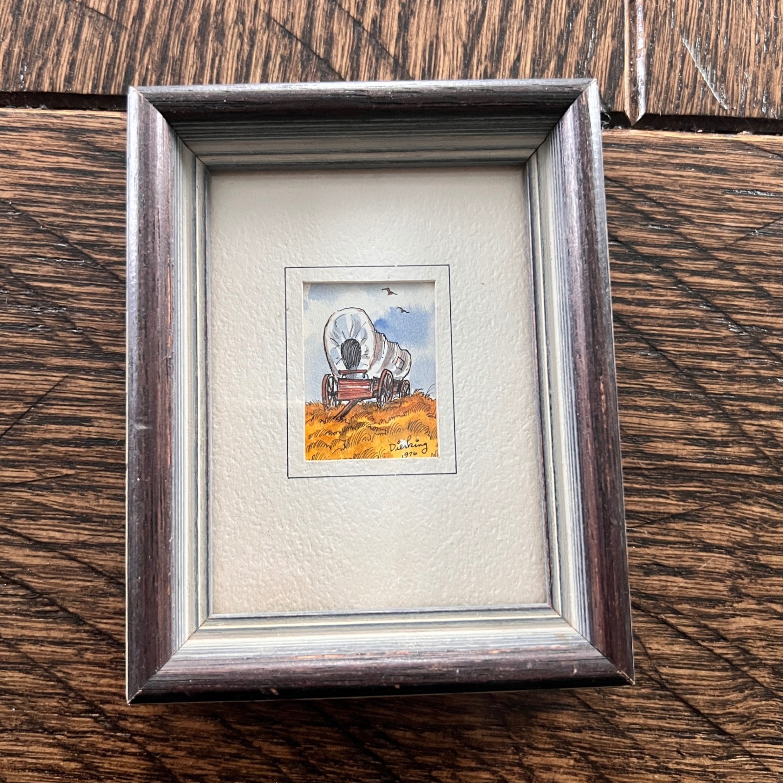 Gary R Dierking 1976 Miniature Pen/Ink Watercolor Painting Covered Wagon Framed