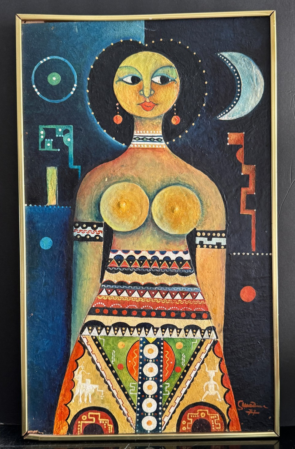 Mid Century Modern 1977 Tribal Goddess Signed Oil Painting – Unknown Artist