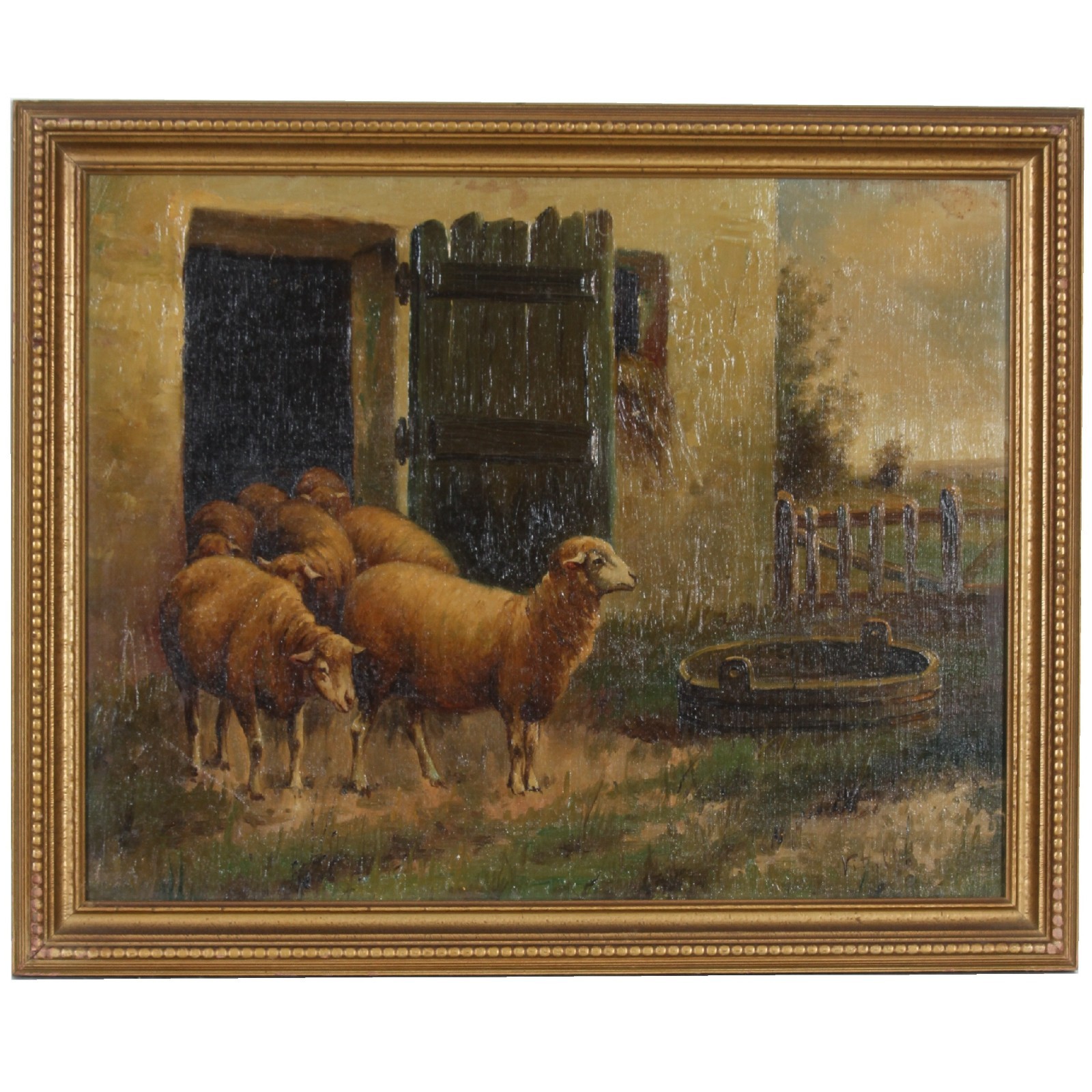 Untitled (Sheep Leaving Barn) Signed Oil Painting by Vitollo 17 1/2″x21 1/2″