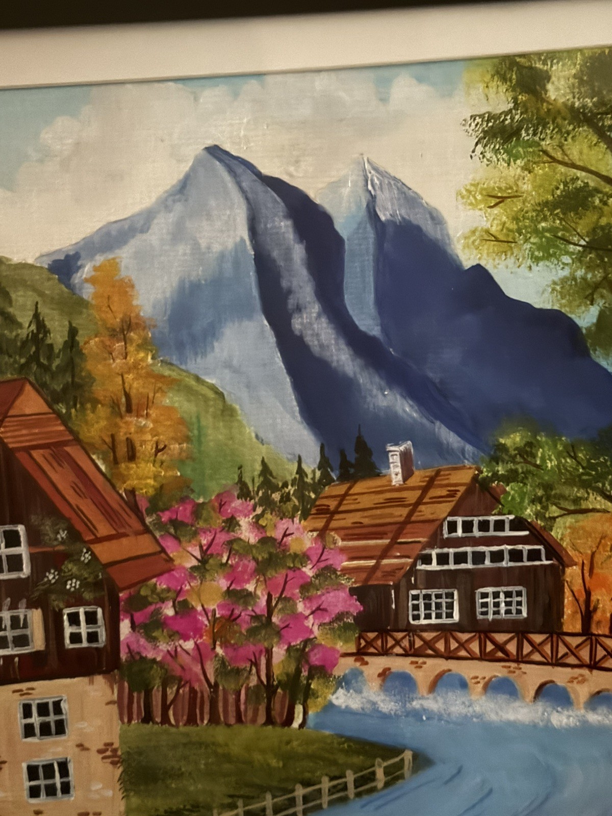 Hand Painted Mountain Village River Cottage Landscape Framed Art | Ships Free