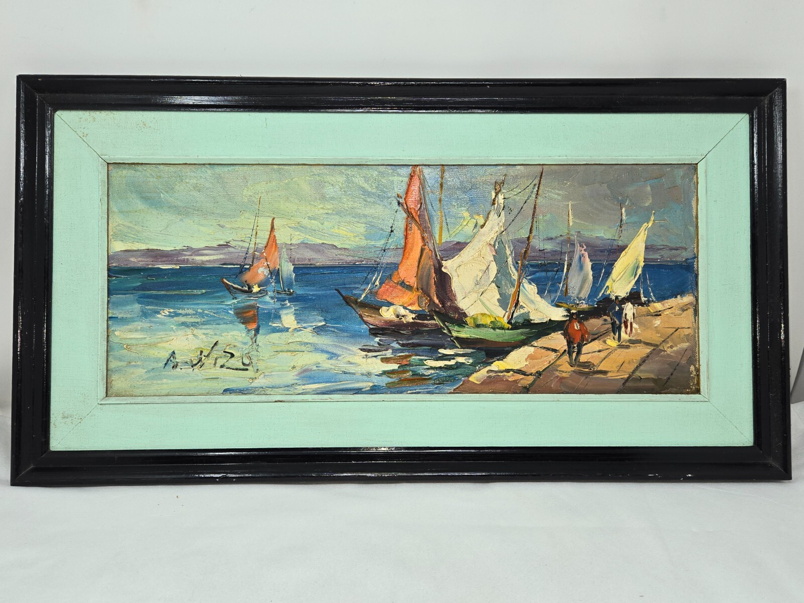 VINTAGE SAILBOATS MARINA NAUTICAL OIL PAINTING ART BY A. NIZO IMPRESSIONISM
