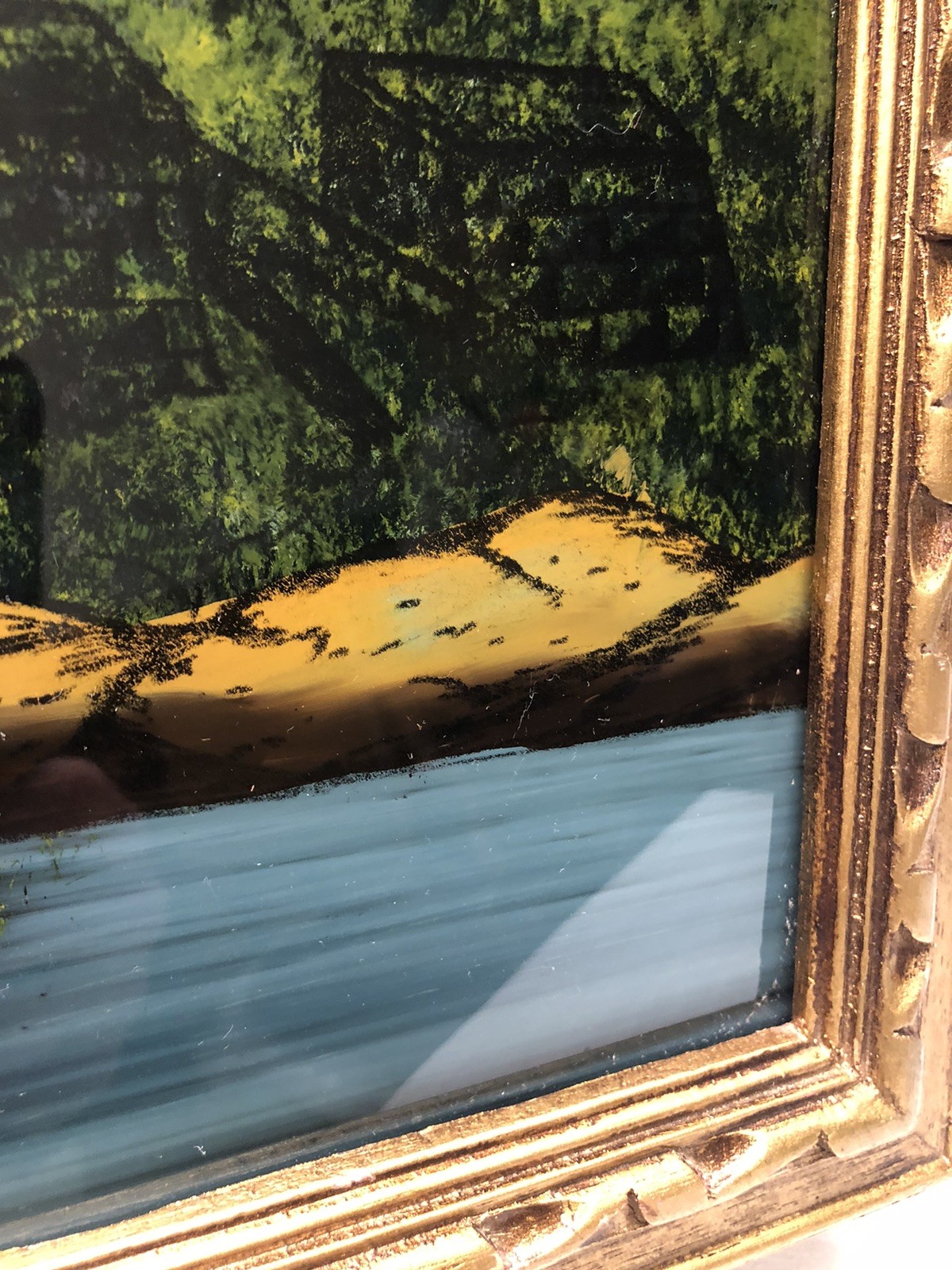 Unique VTG Castle Scene Reverse Painted On Glass With Abalone Shells Wood Frame
