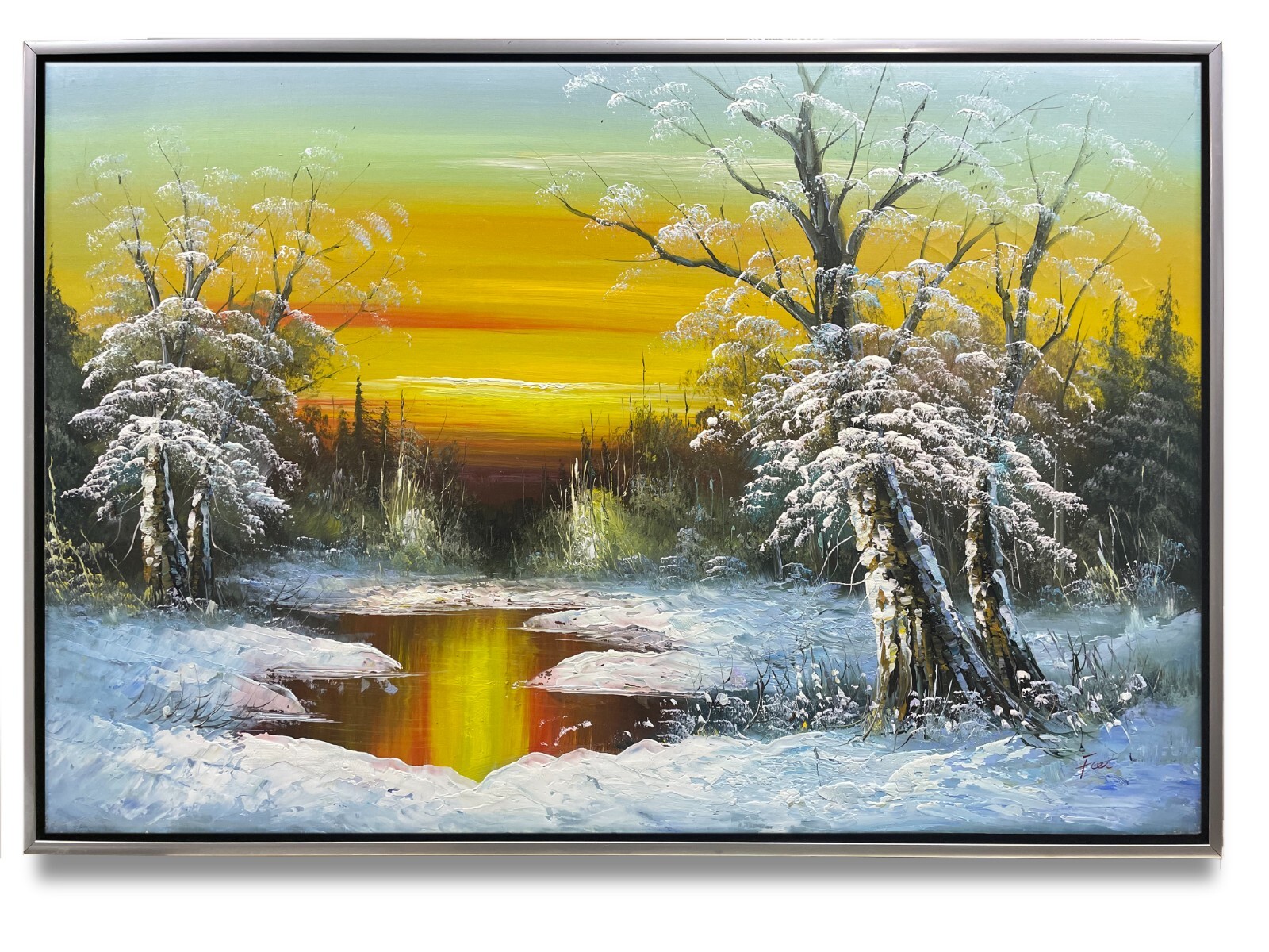 NY Art-Original Oil Painting of Sunset Winter Landscape on Canvas 24×36 Framed