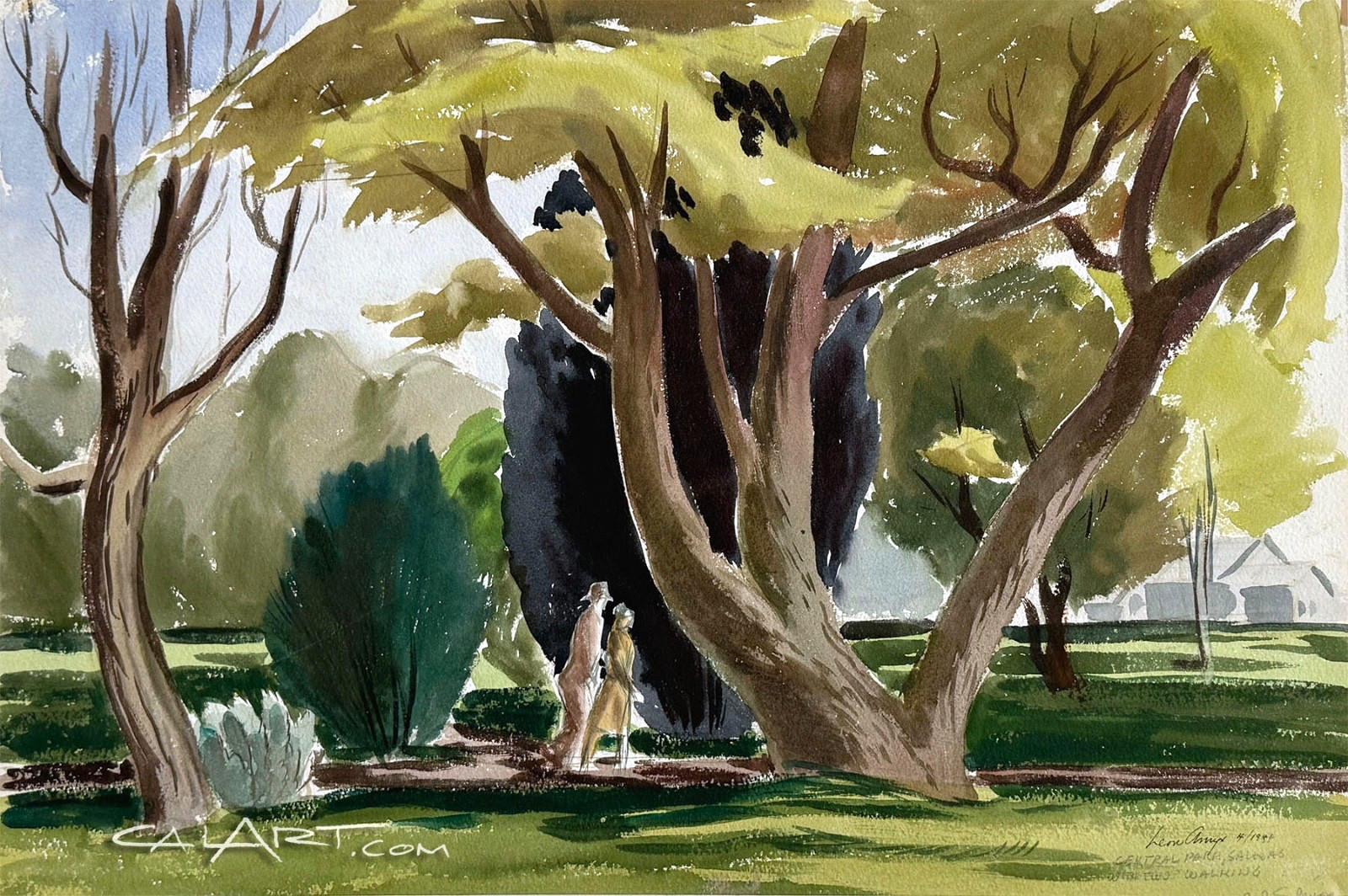 1941 Central Park Salinas CaLiFoRnia Regionalist Scene Watercolor Painting