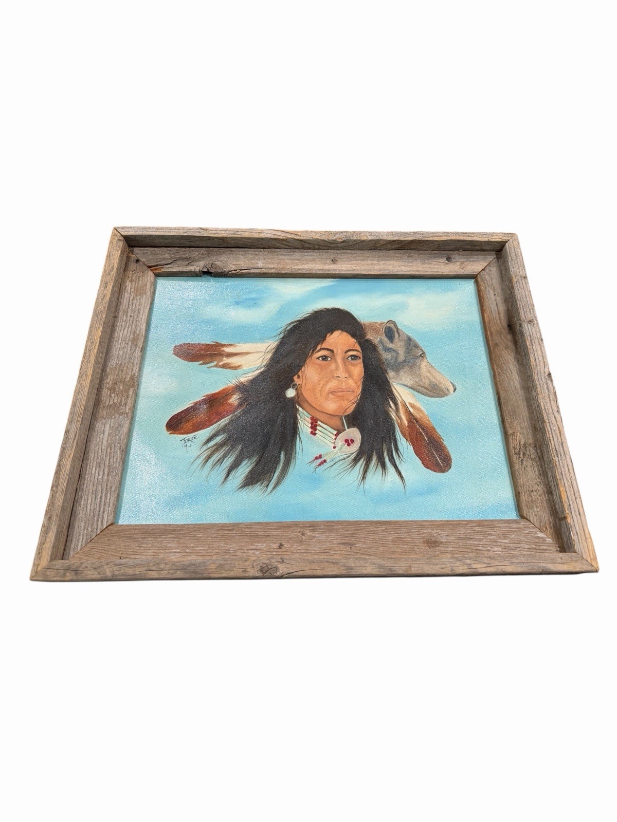 Original Native American Indian Hand Painted Art In Barnwood Frame Artist Signed
