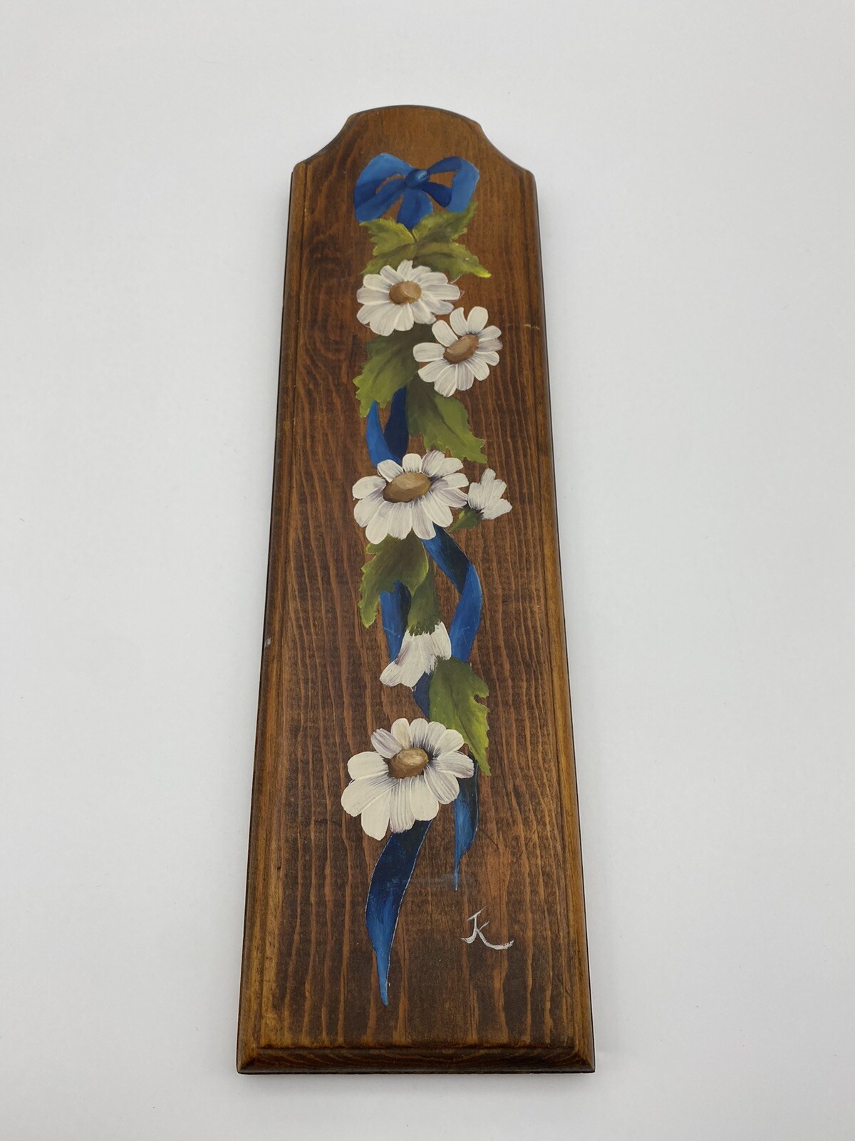 Vintage Hand Painted Daisies on Wood Wall Plaque Signed K
