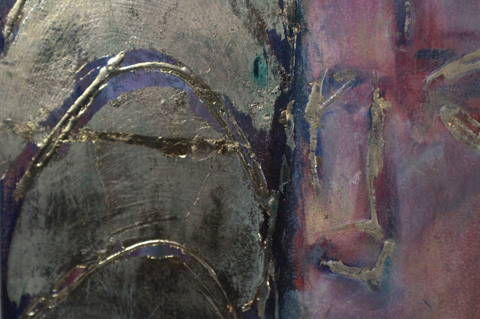 Mid Century Red And Gold Abstract Mixed Media Painting Signed Nail