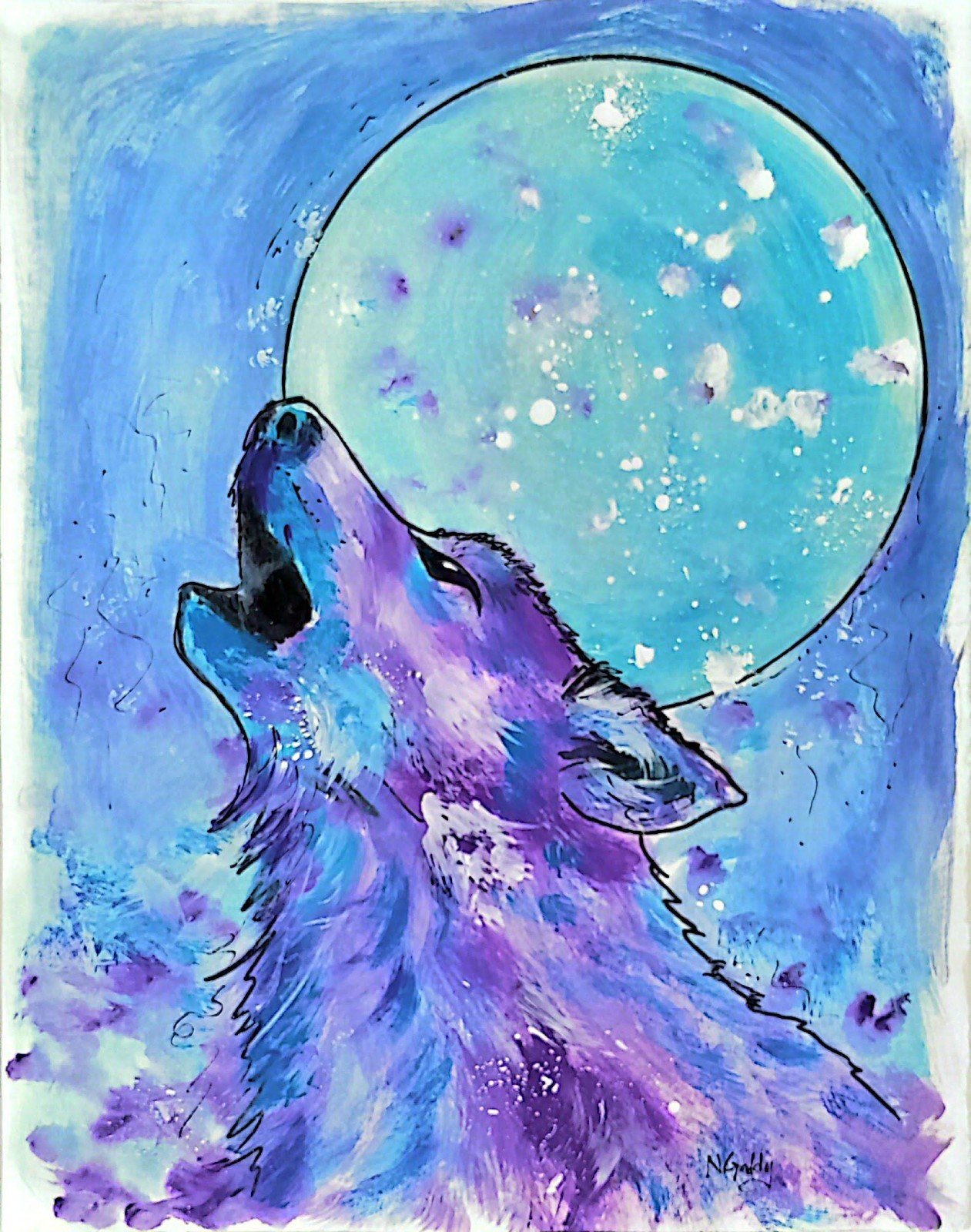 Original Expressionist 14 x 11 Wolf Howling Moon Paper Painting