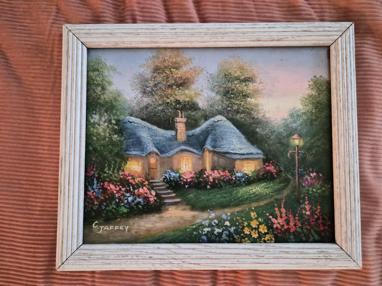 Original signed Jaffey oil painting country cottage landscape like Kinkade