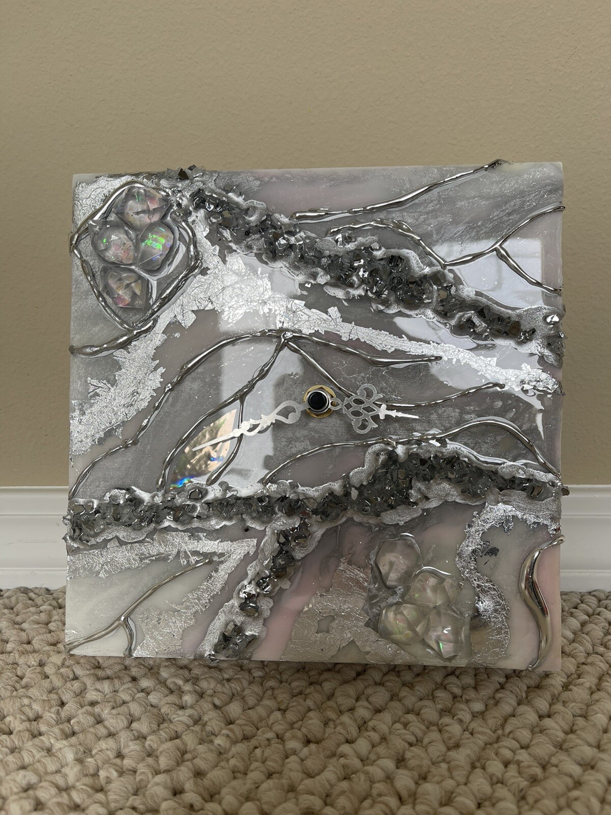Resin Geode Style Wall Clock Icy Pink/Silver with subtle holo effect